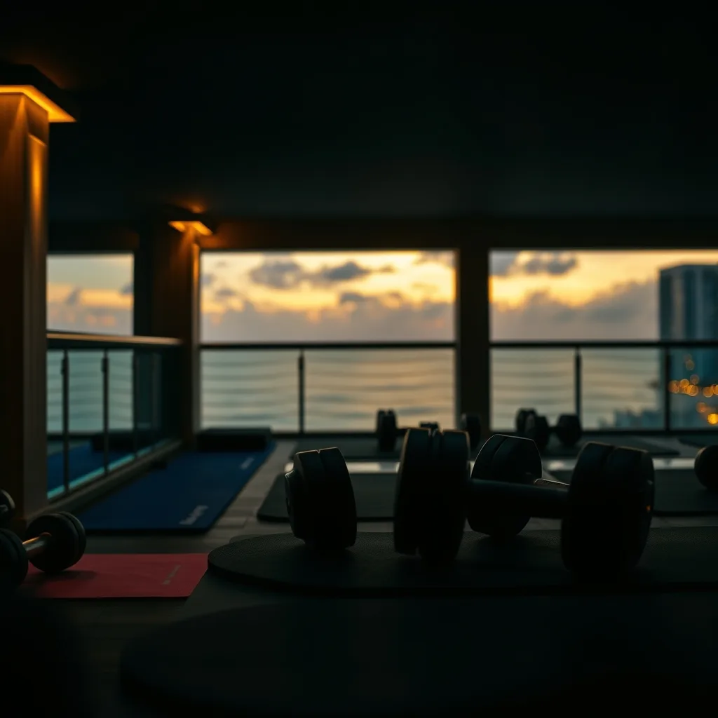 Sunlit Miami gym with palm views